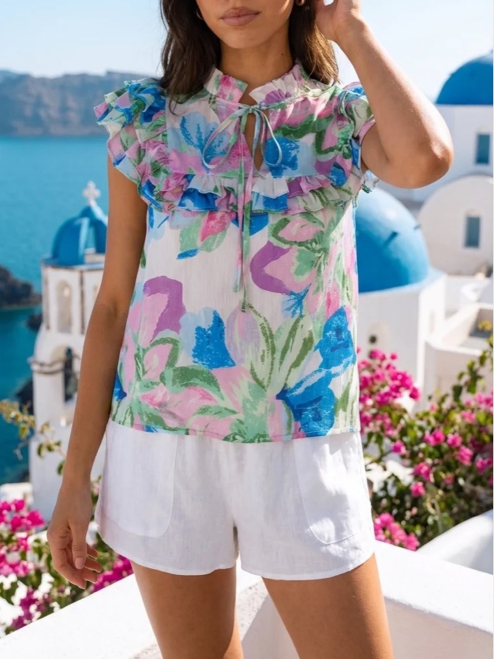 Floral Ruffle Tie-Neck blouse  meet me in Santorini